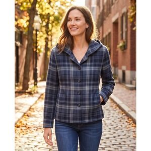 Talbots Petites 14P Blue Plaid 100% Wool‎ Hooded Vintage Jacket Coat